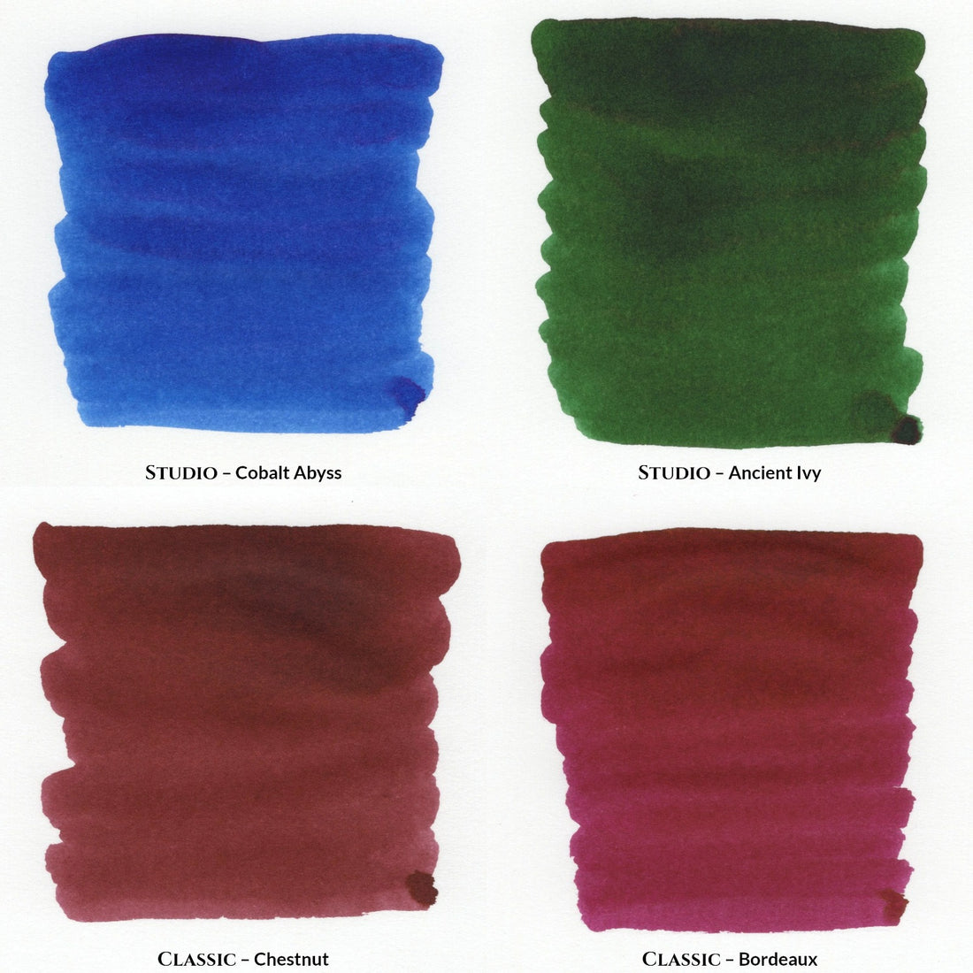 Four everyday fountain pen ink swatches: Cobalt Abyss blue, Ancient Ivy green, Chestnut brown, Bordeaux wine red