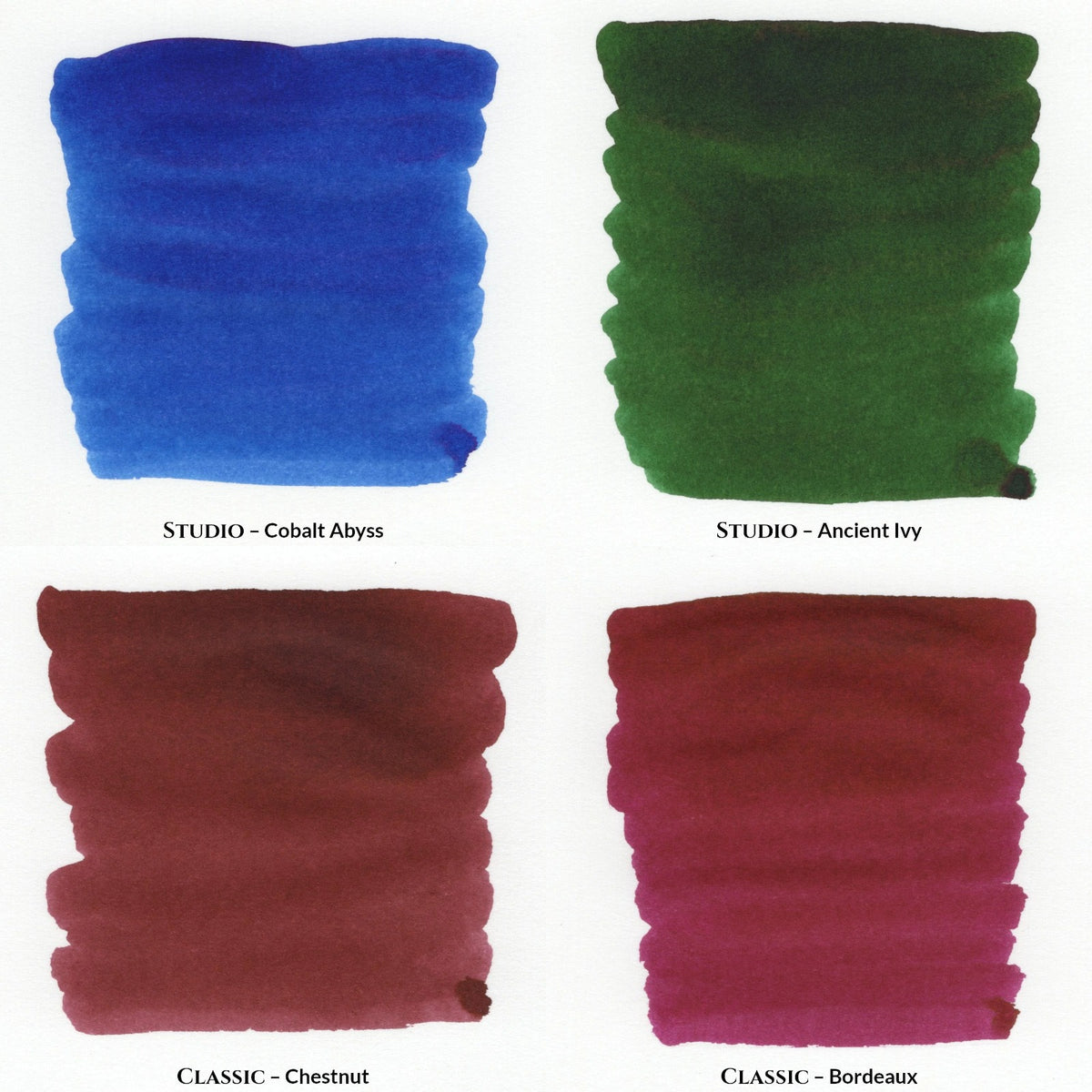 Four everyday fountain pen ink swatches: Cobalt Abyss blue, Ancient Ivy green, Chestnut brown, Bordeaux wine red