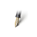 A close-up of a fountain pen nib and grip, showing a polished gold nib with engraved detailing and a black grip, isolated on a white background with a soft shadow.