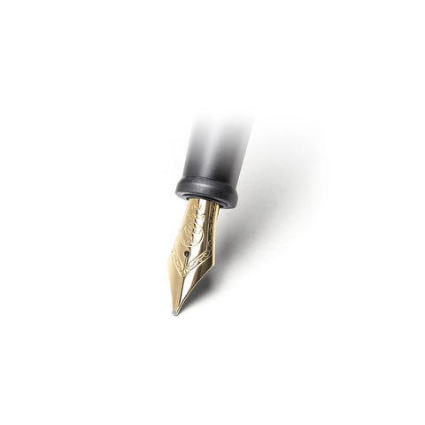 A close-up of a fountain pen nib and grip, showing a polished gold nib with engraved detailing and a black grip, isolated on a white background with a soft shadow.