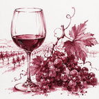 A stylized wine-themed illustration featuring a wine glass filled with red wine, a cluster of grapes, grape leaves, and vine details on a light background with a faint vineyard scene in the distance.