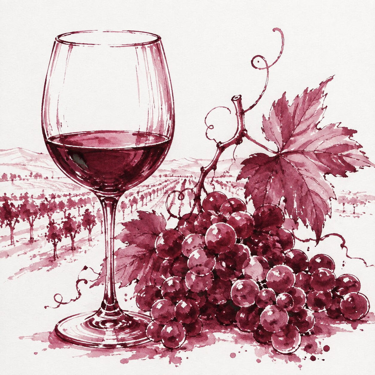 A stylized wine-themed illustration featuring a wine glass filled with red wine, a cluster of grapes, grape leaves, and vine details on a light background with a faint vineyard scene in the distance.