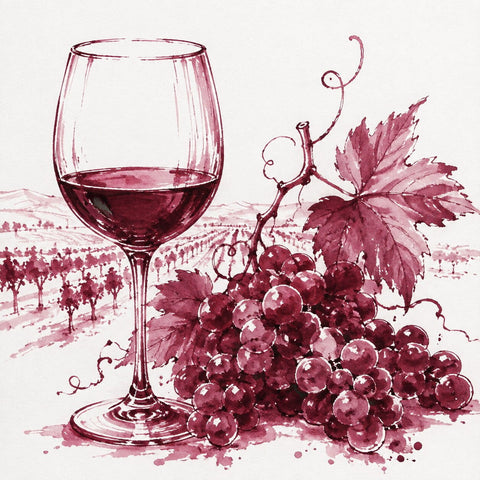 A stylized wine-themed illustration featuring a wine glass filled with red wine, a cluster of grapes, grape leaves, and vine details on a light background with a faint vineyard scene in the distance.