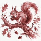 An ink-style illustration of a squirrel sitting on a tree branch and eating an acorn, with oak leaves and two acorns around it, rendered in reddish-brown tones on a white background.