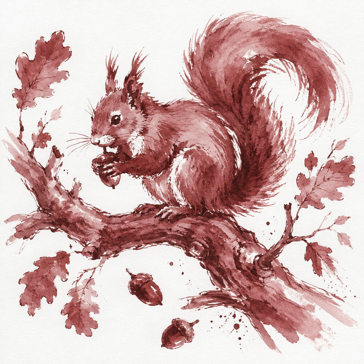 An ink-style illustration of a squirrel sitting on a tree branch and eating an acorn, with oak leaves and two acorns around it, rendered in reddish-brown tones on a white background.