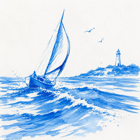 Blue ink-style illustration of a sailboat on ocean waves with a lighthouse and two birds in the background on a white field.