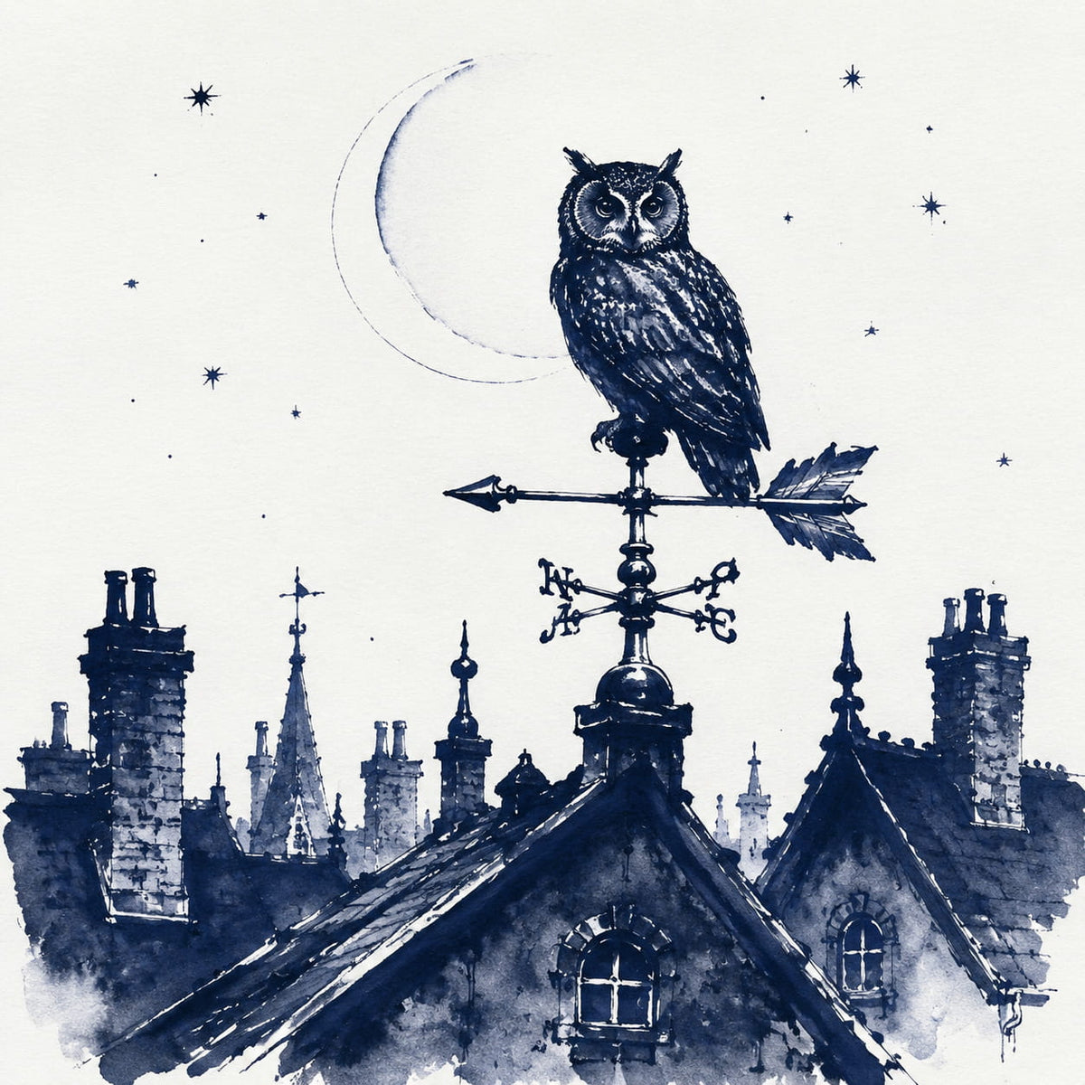 Ink-style illustration of an owl in blue-black ink perched on a weather vane atop a roof, with rooftops, chimneys, a crescent moon, and stars in the background.