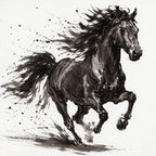 Dynamic black and white ink artwork of a galloping horse, captured mid-stride with expressive brushstrokes and ink splatters on a white background.