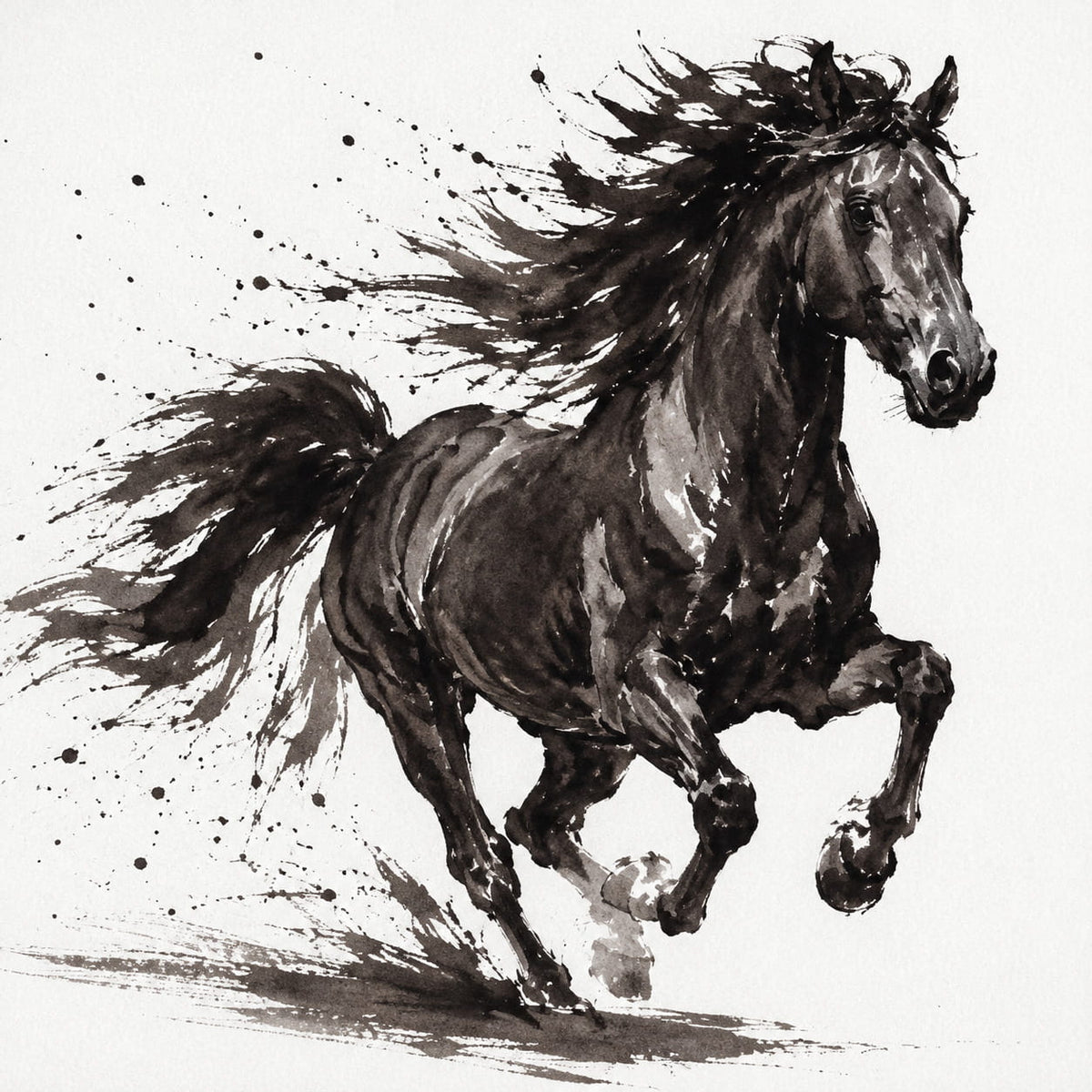 Dynamic black and white ink artwork of a galloping horse, captured mid-stride with expressive brushstrokes and ink splatters on a white background.