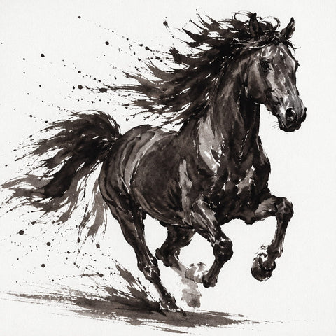 Dynamic black and white ink artwork of a galloping horse, captured mid-stride with expressive brushstrokes and ink splatters on a white background.