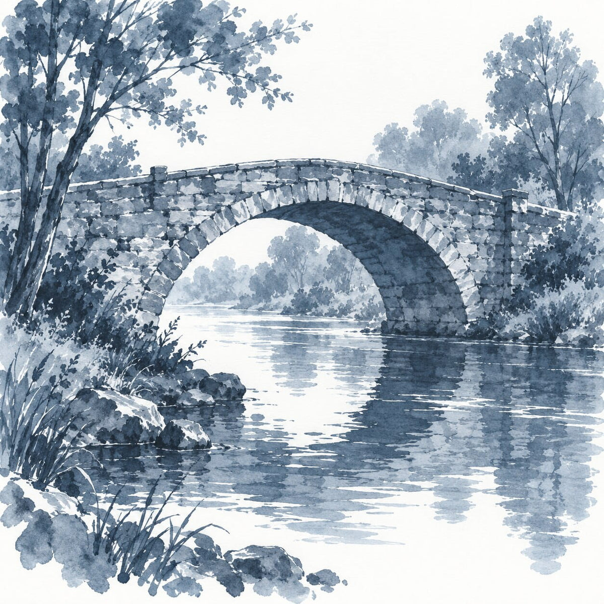 Slate blue ink illustration of a stone arch bridge reflected in a quiet river