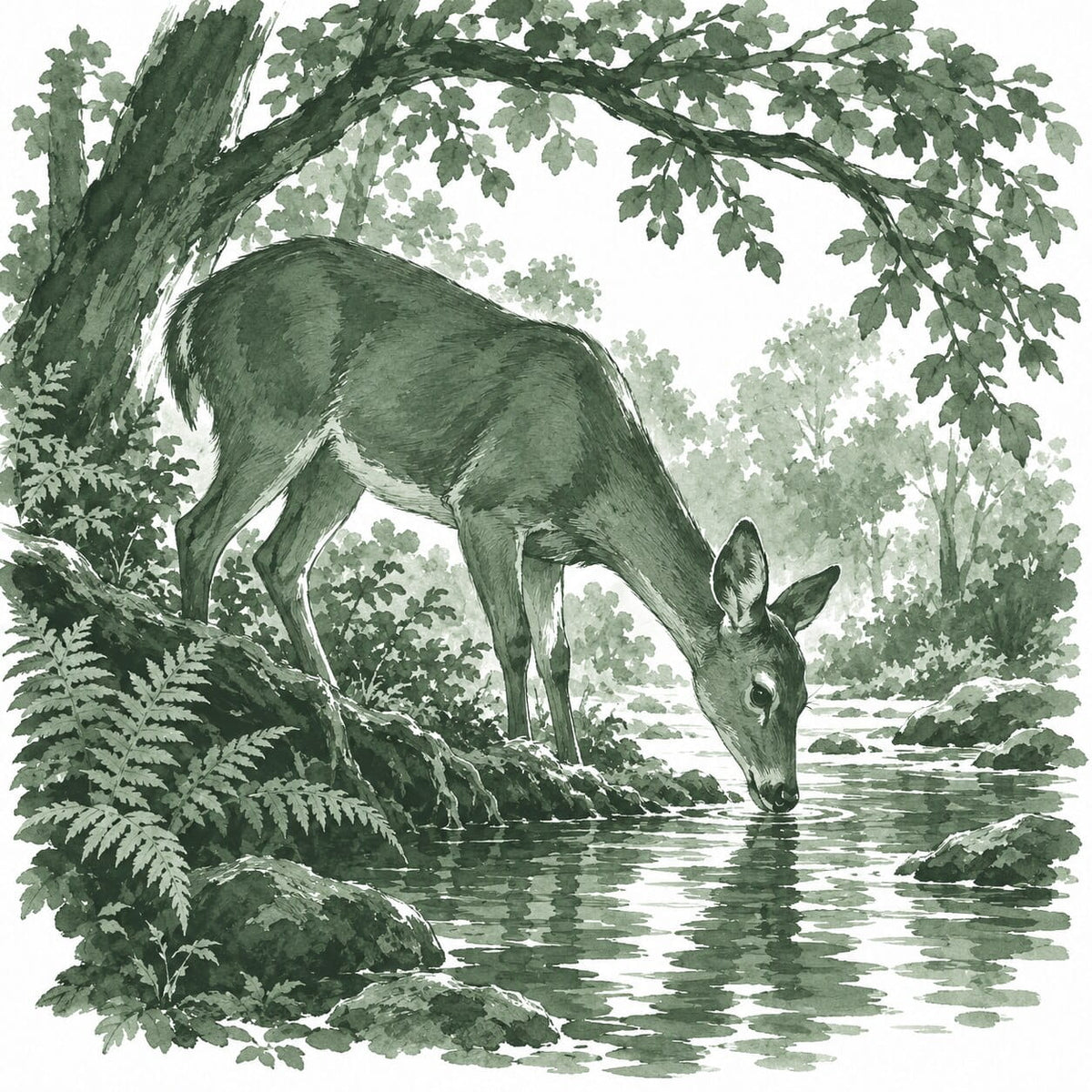 Forest green ink illustration of a deer drinking from a woodland stream surrounded by ferns