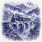 A blue-toned ink illustration of a steam locomotive traveling across a stone viaduct surrounded by misty mountains and trees.
