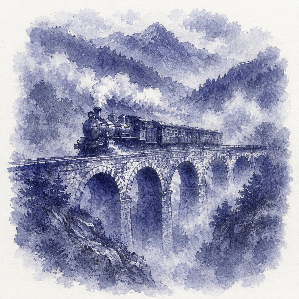 A blue-toned ink illustration of a steam locomotive traveling across a stone viaduct surrounded by misty mountains and trees.