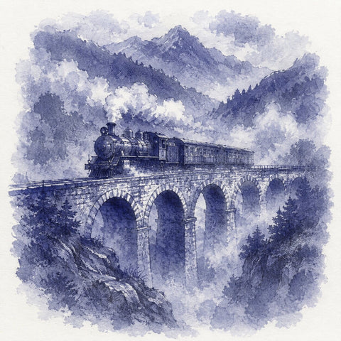 A blue-toned ink illustration of a steam locomotive traveling across a stone viaduct surrounded by misty mountains and trees.