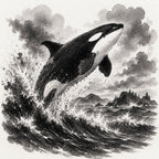 Black ink illustration of an orca jumping out of ocean waves, with distant rocky islands and cloudy sky.