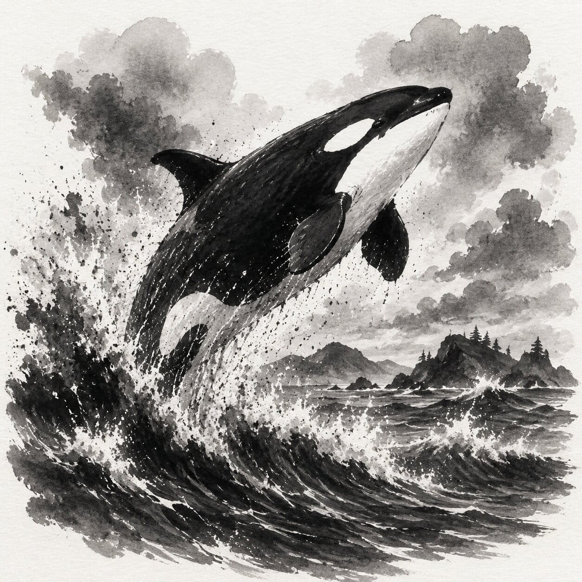 Black ink illustration of an orca jumping out of ocean waves, with distant rocky islands and cloudy sky.