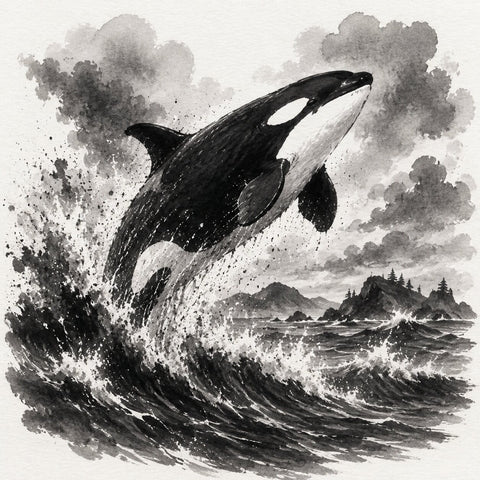 Black ink illustration of an orca jumping out of ocean waves, with distant rocky islands and cloudy sky.