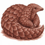 Rustic brown ink illustration of a curled pangolin with detailed overlapping scales