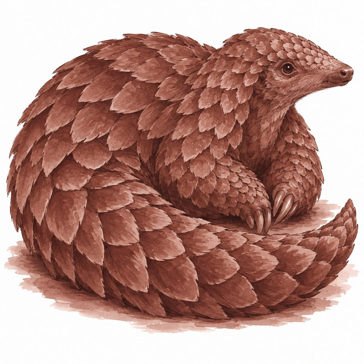 Rustic brown ink illustration of a curled pangolin with detailed overlapping scales