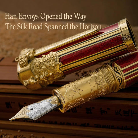 Hongdian D6 Han Dynasty red fountain pen with ornate Silk Road design