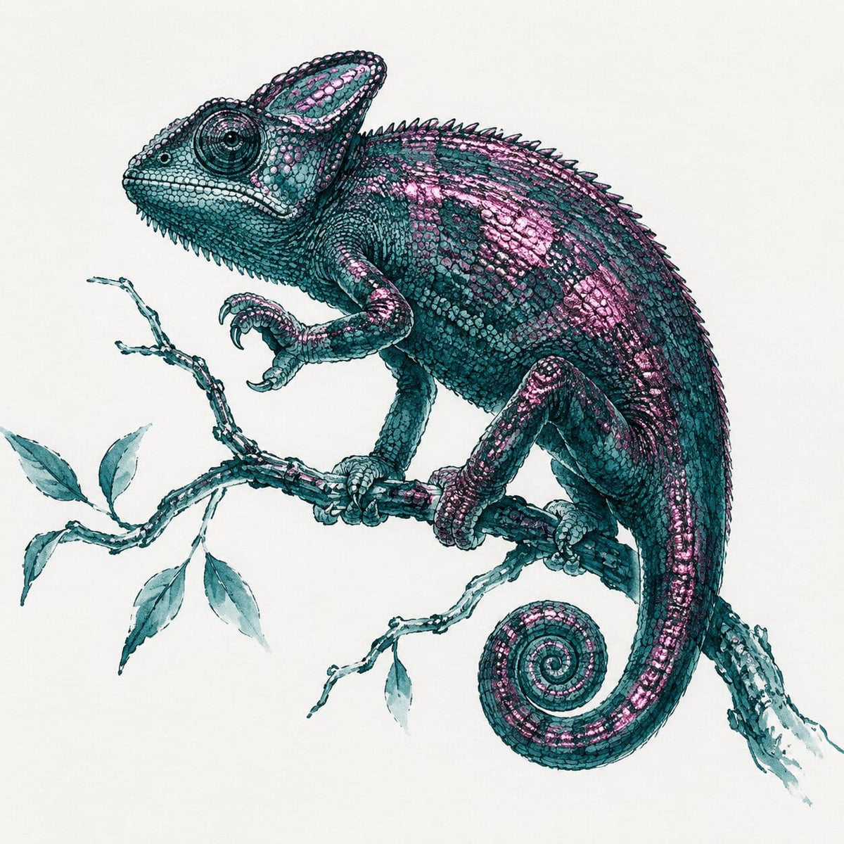 A detailed ink-style illustration of a chameleon clinging to a branch with leaves, a teal tone with fuchsia sheen on a plain white background.