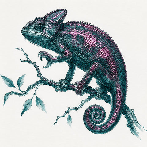 A detailed ink-style illustration of a chameleon clinging to a branch with leaves, a teal tone with fuchsia sheen on a plain white background.