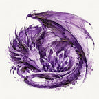 A purple dragon illustration with bronze or copper sheen curled around a cluster of crystal points, in an ink painted style on a plain white background.