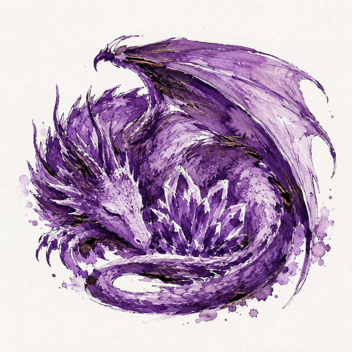 A purple dragon illustration with bronze or copper sheen curled around a cluster of crystal points, in an ink painted style on a plain white background.
