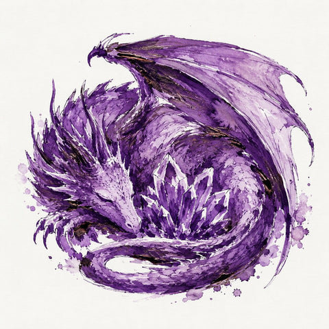 A purple dragon illustration with bronze or copper sheen curled around a cluster of crystal points, in an ink painted style on a plain white background.
