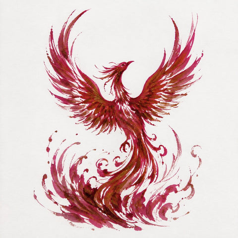 A stylized phoenix or firebird illustration in deep ruby red ink with gold sheen on a plain white background.