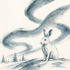 A stylized illustration of a white rabbit sitting on a snowy hill, with dark blue-gray sweeping brushstrokes and purple shimmer resembling wind or the borealis across the background and a few pine trees on the left, on an off-white field.