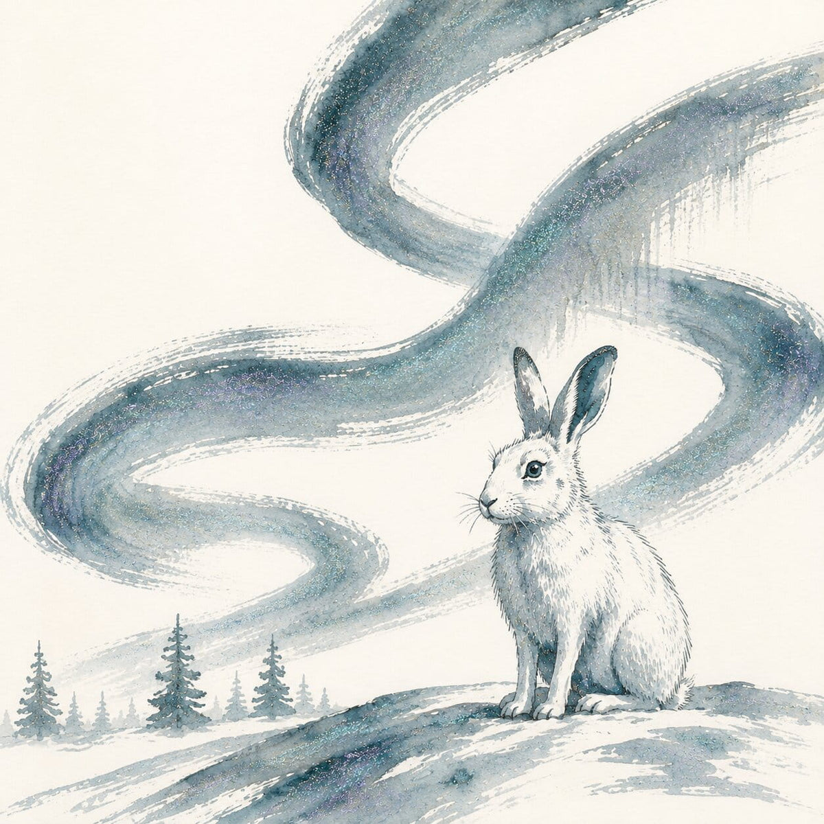 A stylized illustration of a white rabbit sitting on a snowy hill, with dark blue-gray sweeping brushstrokes and purple shimmer resembling wind or the borealis across the background and a few pine trees on the left, on an off-white field.