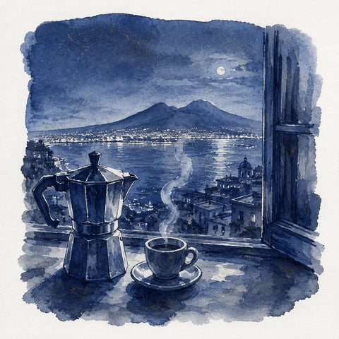 Ink-style artwork showing a dark blue coffee pot and a cup of coffee on a windowsill overlooking a coastal city and mountain at night, with a moon visible in the sky and gold shimmer.