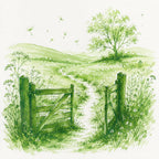 Bright green Ink landscape with gold shimmer featuring a rustic wooden gate and path leading into rolling green hills, with a large tree on the right and a few dandelions in the sky.