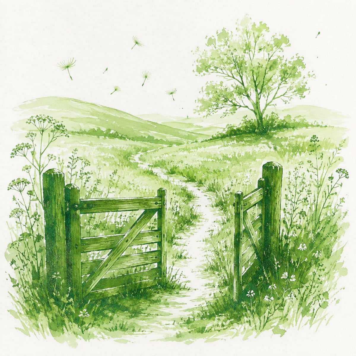 Bright green Ink landscape with gold shimmer featuring a rustic wooden gate and path leading into rolling green hills, with a large tree on the right and a few dandelions in the sky.