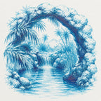 A scenic illustration featuring a stone archway framing a tropical oasis landscape with palm trees, a small waterfall, and blue water, in a blue-and-white style on a light background.