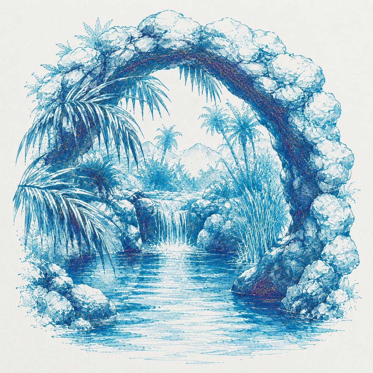 A scenic illustration featuring a stone archway framing a tropical oasis landscape with palm trees, a small waterfall, and blue water, in a blue-and-white style on a light background.