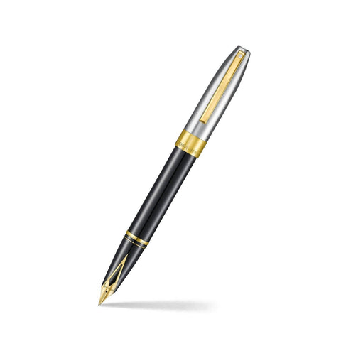 Sheaffer Legacy Heritage fountain pen with black barrel, chrome cap, and gold trim