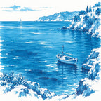 Bright blue ink illustration of the Amalfi Coast with cliffs, seaside buildings, and boats