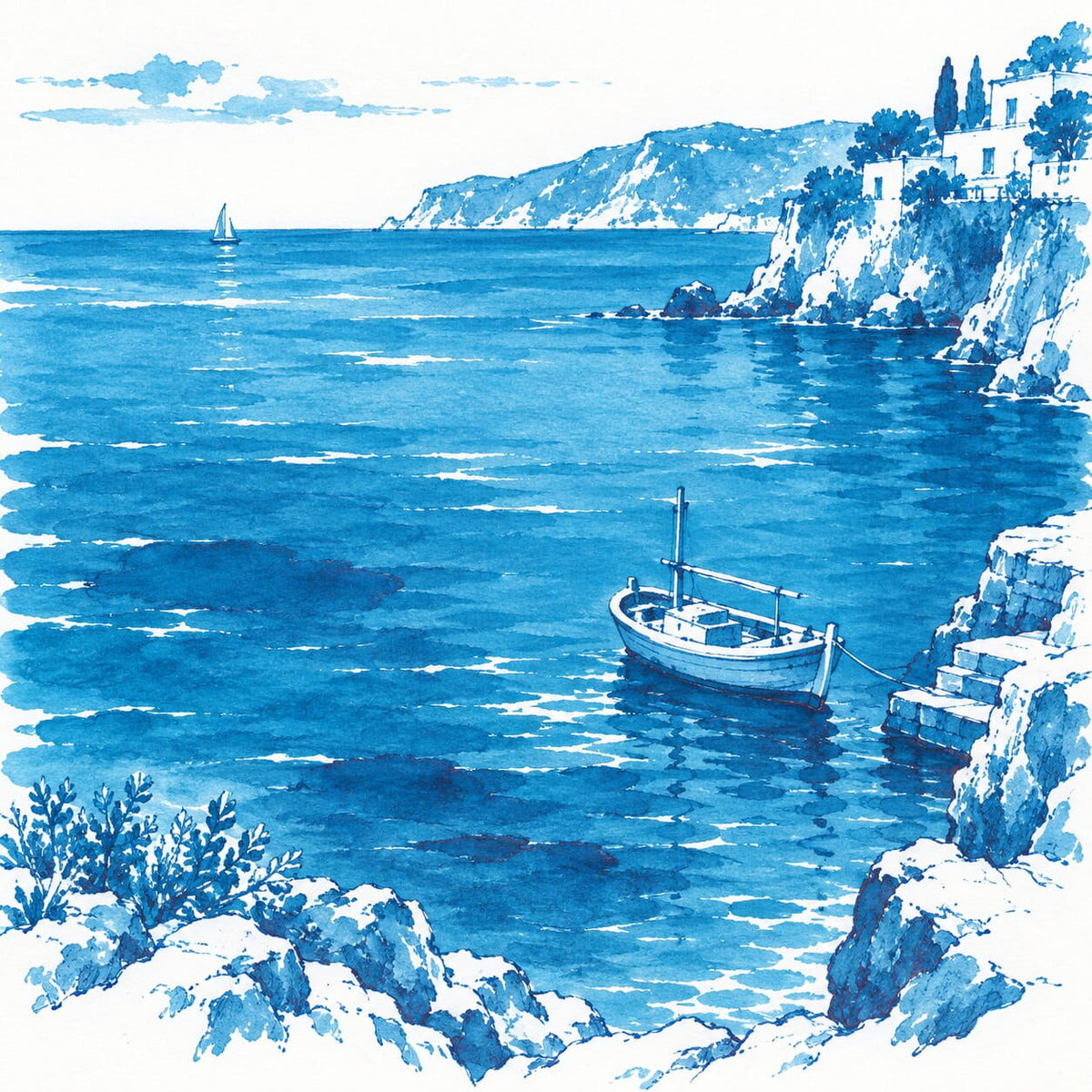Bright blue ink illustration of the Amalfi Coast with cliffs, seaside buildings, and boats