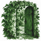 Deep green ink illustration of an ivy-covered stone archway with an open wooden door