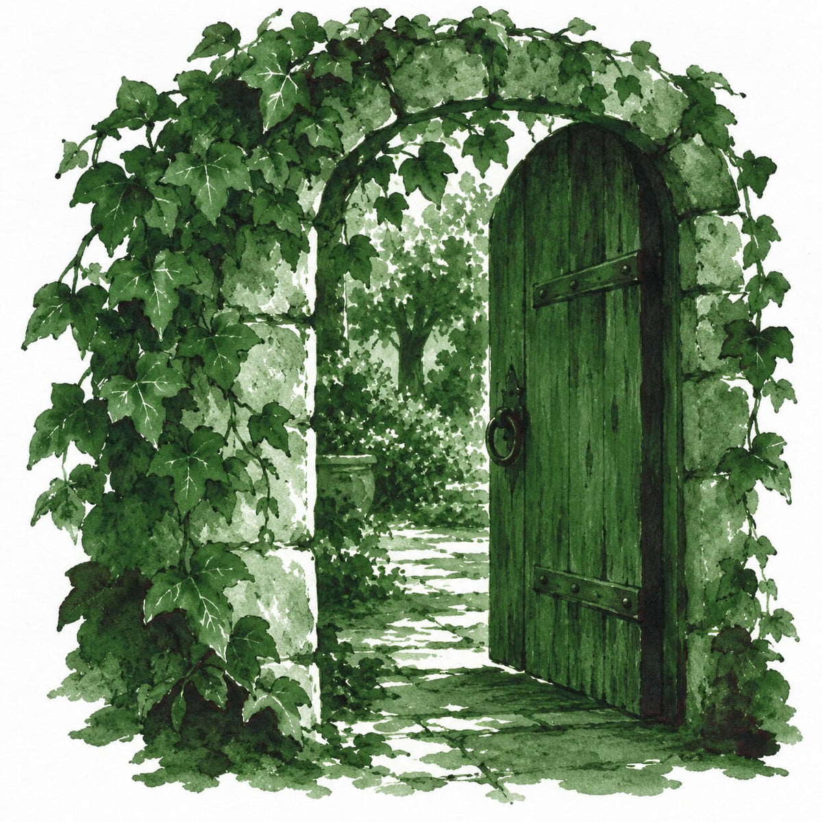 Deep green ink illustration of an ivy-covered stone archway with an open wooden door