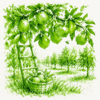 Ink wash illustration of a leafy fruit tree with green apples, a wooden ladder leaning against it, and a basket of apples in an orchard scene on a white background.