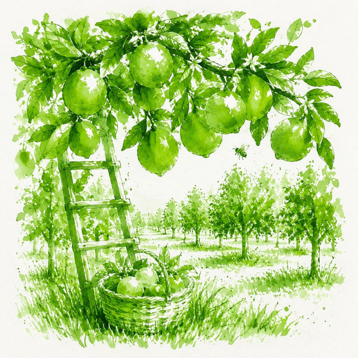 Ink wash illustration of a leafy fruit tree with green apples, a wooden ladder leaning against it, and a basket of apples in an orchard scene on a white background.