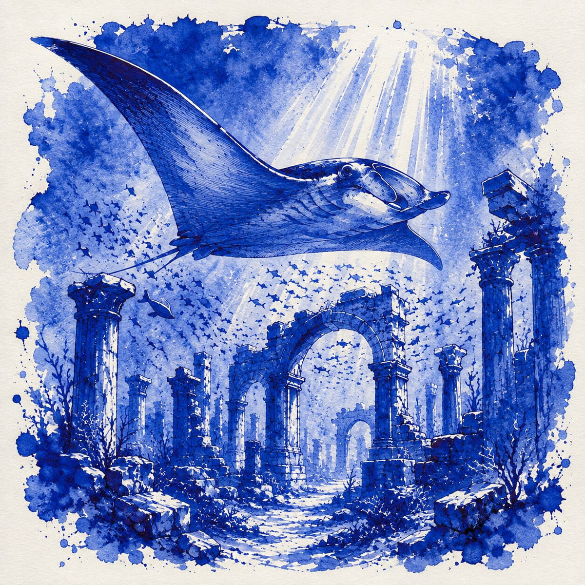 Blue and white ink artwork showing a large winged sea creature flying over ancient ruins, with sun rays shining through a blue-splattered background.