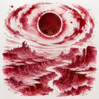 A surreal ink wash style artwork showing a red celestial ring or sun-like orb above a barren desert landscape with mesas, a winding river, and a small domed structure, rendered in monochrome red and pink tones on a white background.