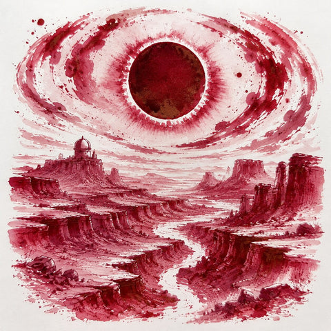 A surreal ink wash style artwork showing a red celestial ring or sun-like orb above a barren desert landscape with mesas, a winding river, and a small domed structure, rendered in monochrome red and pink tones on a white background.