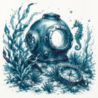 A stylized underwater ink illustration featuring a vintage metal diving helmet, a detached compass, seaweed, bubbles, and a seahorse on an off-white background.