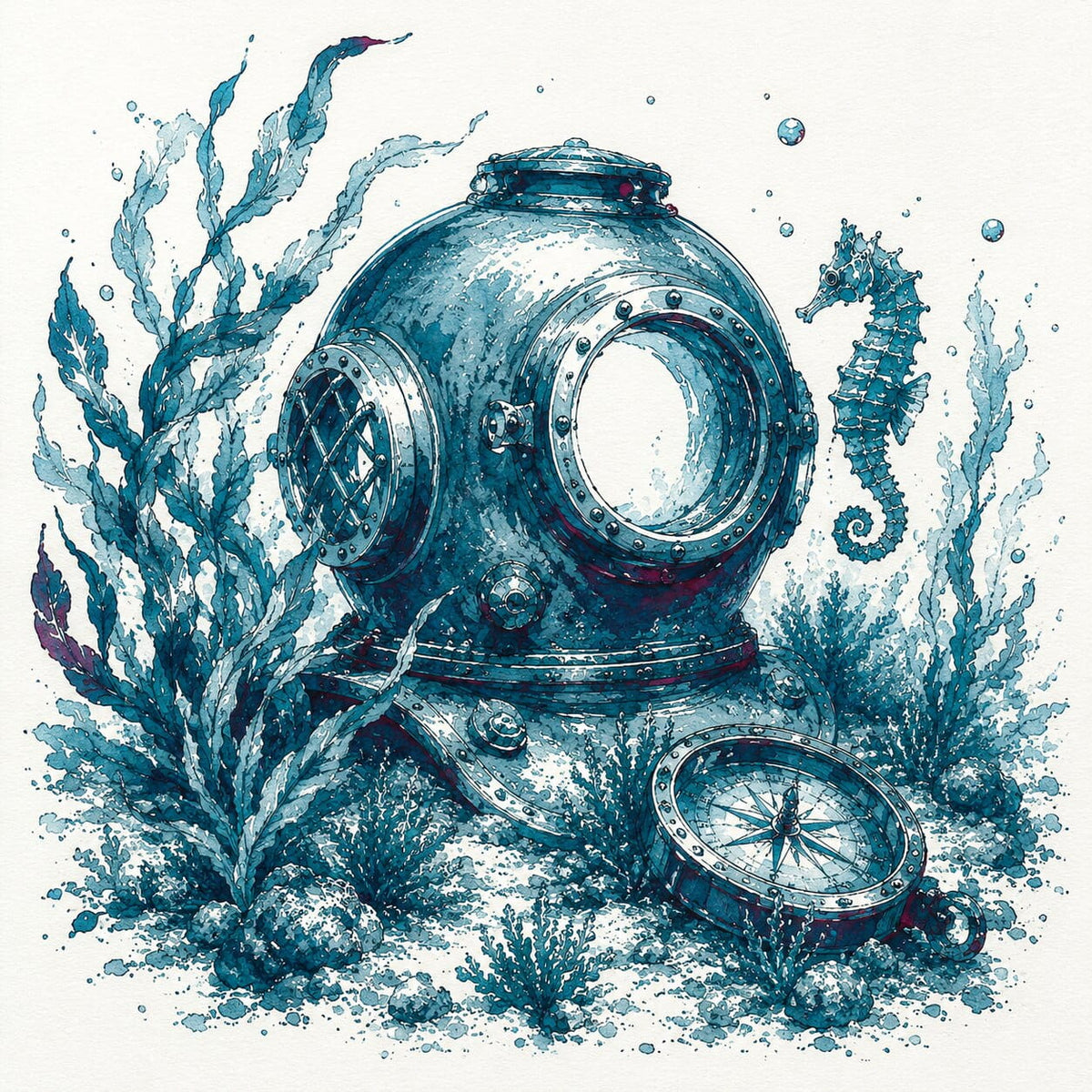 A stylized underwater ink illustration featuring a vintage metal diving helmet, a detached compass, seaweed, bubbles, and a seahorse on an off-white background.